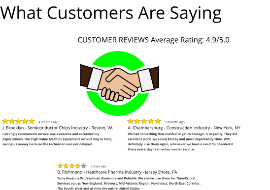 What Customers Are Saying                           CUSTOMER REVIEWS Average Rating: 4.9/5.0 J. Brooklyn - Semiconductor Chips Industry - Reston, VA I strongly recommend service was awesome and exceeded my expectations. Our High Value Machine Equipment arrived way in time, saving us money because the technician was not delayed. 4 months ago A. Chambersburg - Construction Industry - New York, NY We had something that needed to get to Chicago, IL urgently. They did excellent work, we saved Money and most importantly Time. Will definitely  use them again, whenever we have a need for “needed it there yesterday” same-day courier service.  9 months ago B. Richmond - Heathcare Pharma Industry - Jersey Shore, PA Truly Amazing Professional, Awesome and Reliable. We always use them for Time-Critcal Services across New England, Midwest, Mid-Atlantic Region, Northeast, North East Corridor, The South, West and at time the entire United States. 3 days ago